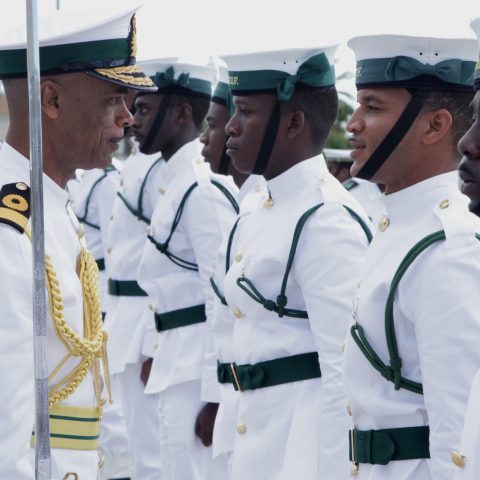 Commander Defence Force, Commodore Tellis Bethel conducting an inspection of the Honor Guard during the Commander Defence Force Divisions on February 9, 2018 at HMBS Coral Harbour. Also shown is Guard Commander. Lieutenant Elizabeth Simms.