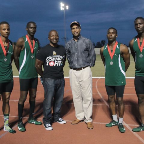 The RBDF men’s relay team which performed at the Police Track Meet on April 4, 2018 at the Thomas A. Robinson Stadium. Standing from left: Able Seamen James Carey and Gregory Lockhart, Chief Petty Officer Jaymes Darling, Commodore Tellis Bethel, and Marine Seamen Delmaro Bullard and Shane Jones.