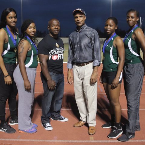 The RBDF female relay team which performed at the Police Track Meet on April 4, 2018 at the Thomas A. Robinson Stadium. Standing from left: Able Woman Marine Michelle Colebrooke, Woman Marine Lakera Moss, Chief Petty Officer Jaymes Darling, Commodore Tellis Bethel, Woman Marine Nyesha Ferguson and Able Woman Marine Anishka Bonaby.