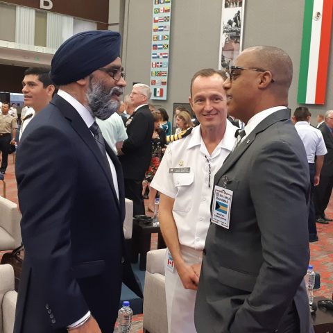 Minister Marvin Dames (R) with Canada´s Minister of National Defence, Harjit Singh Sajjan (L) and Canada’s Attache´ to The Region (The Americas), Capt. Paul Dempsey (C).