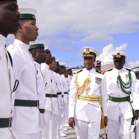 Commander Defence Force, Commodore Tellis Bethel and Lieutenant Edward Fritz leading a routine inspection of one of the platoons during the Commander Defence Force Divisions on February 9, 2018 at HMBS Coral Harbour.