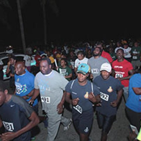 The runners at the starting point on Goodman’s Bay for the RBDF Fun Run/Walk and Health expo on April 14, 2018.