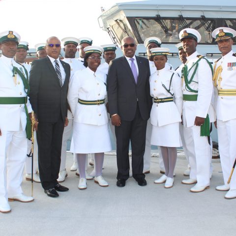 The crew of HMBS MADEIRA at the official Commissioning ceremony for the Royal Bahamas Defence Force patrol craft on November 28, 2018. Also shown are: Prime Minister The Most Honorable Dr. Hubert Minnis; Minister of National Security, the Honourable Marvin Dames; Commodore Tellis Bethel, Commander Defence Force and Senior Lieutenant William Sturrup,Commanding Officer.