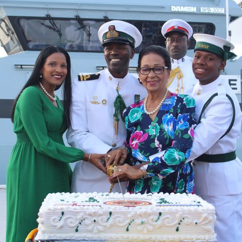 Governor General Her Excellency The Most Honourable Dame Marguerite Pindling performing the traditional cutting of the cake during the official Commissioning ceremony for the Royal Bahamas Defence Force patrol craft, HMBS MADEIRA on November 28, 2018. Also shown from left: Mrs. Genaye Sturrup; Senior Lieutenant William Sturrup,Commanding Officer HMBS MADEIRA; Inspector Alexis Roberts, Aide-de-Camp Governor General; and Marine Seaman Shavano Seymour, Shipmate HMBS MADEIRA.