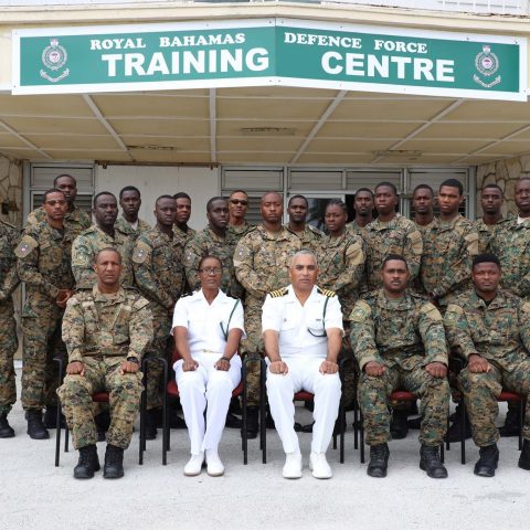 Marines and instructors from the Royal Bahamas Defence Force’s (RBDF) Military Police and Force Protection (MPFP) Department during the graduation ceremony of the Close Range Combative Systems (CRCS) training course at the Coral Harbour Base. Also shown are Captain Adrian Chriswell, Captain Coral Harbour (Acting) and Lieutenant Commander Natasha Miller, Exeutive Officer MPFP.