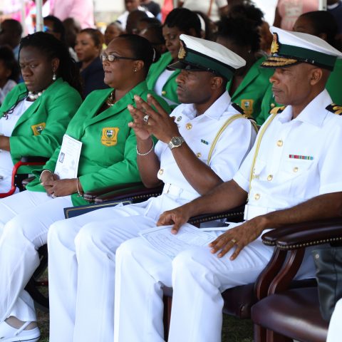 Commander Defence Force Commodore Tellis Bethel, Rangers Director Lieutenant Delvonne Duncombe and Rangers Parents-in-Action officers during the Passing Out Parade Ceremony at the Defence Force’s Coral Harbour Base.