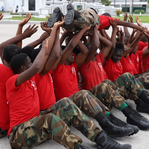 The Rangers Physical Fitness team performing a physical routine demonstration at the Defence Force’s Coral Harbour Base.