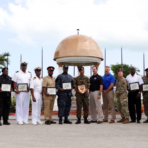 Government agencies which were recognized for their participation during the closing ceremony of a Joint Combined Exercise Training exercise at the Defence Force Base on May 24th. They include representatives from the Royal Bahamas Defence Force, Office of the Defence Corporation of the US Embassy, Police Force and Bahamas Customs Excise.