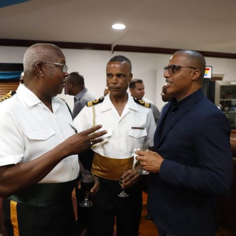 From Left: Principal Officer Captain Clyde Sawyer, The Commander Defence Force, Commodore Tellis A. Bethel and Minister of National Security, Honorable Marvin Dames at the RBDF Officers post-Independence Cocktail Reception on July 12, 2019.
